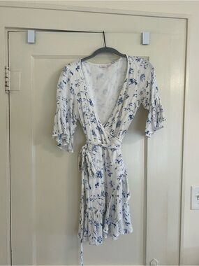 White Floral Wrap Dress with Blue Print